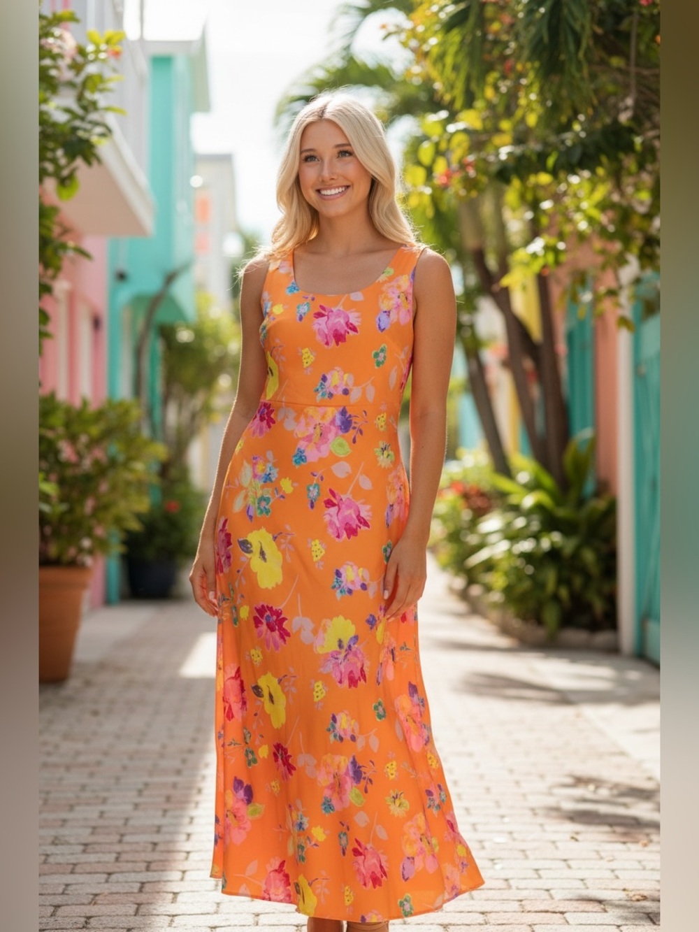 ✨VINTAGE✨90s/Y2K✨BE SMART✨Bright Orange Floral Maxi Dress✨